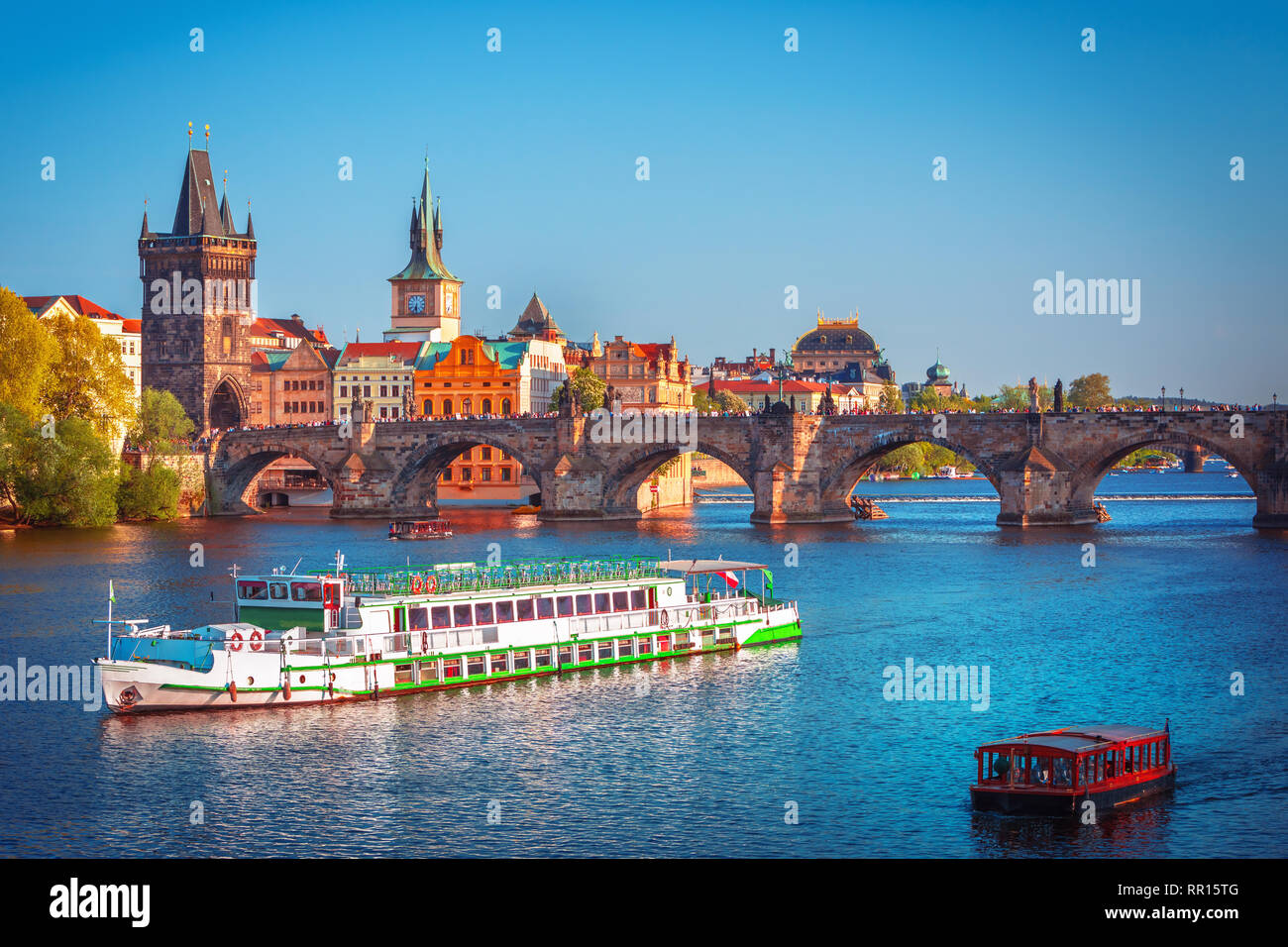 Scenic View On Vltava River And Historical Center Of Prague buildings 
