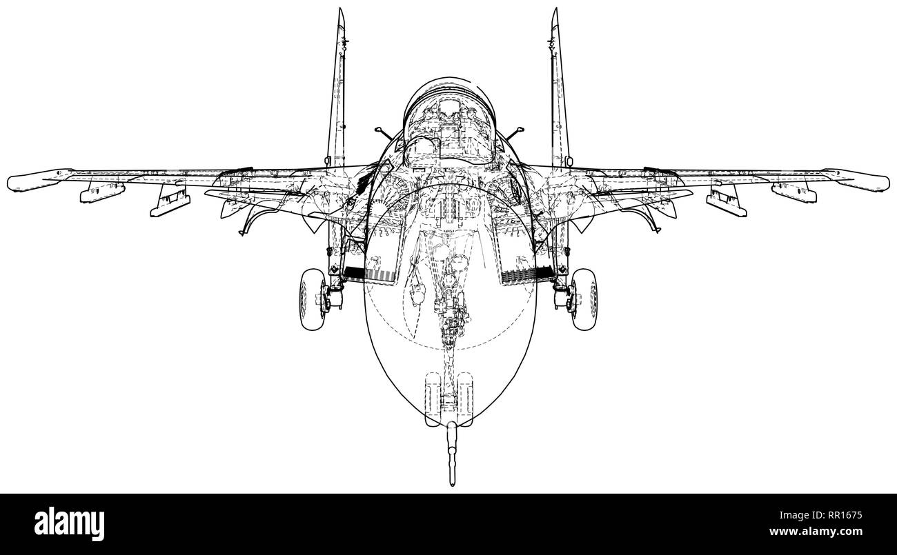 Jet fighter aircraft. Vector wire-frame concept. Created illustration of 3d. Stock Vector
