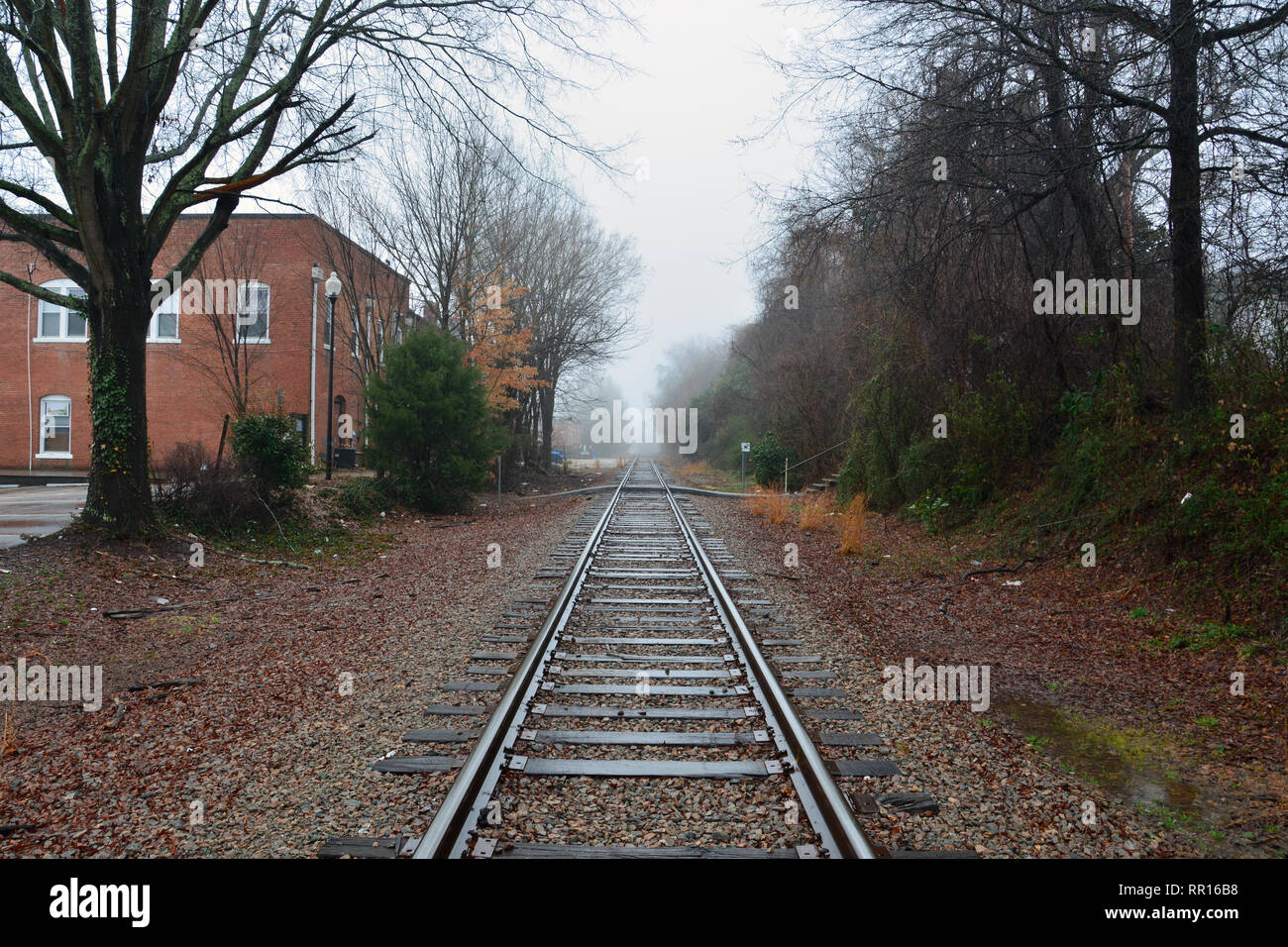 The freight line railroad tracks in Wake Forest, North Carolina. Stock Photo