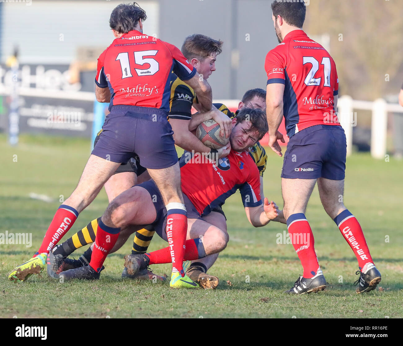 23.02.2019 Hinckley, Leicester, England. Rugby Union, Hinckley rfc v Chester rfc.   Adam King (Chester) is tackled    during the RFU National League 2 Stock Photo