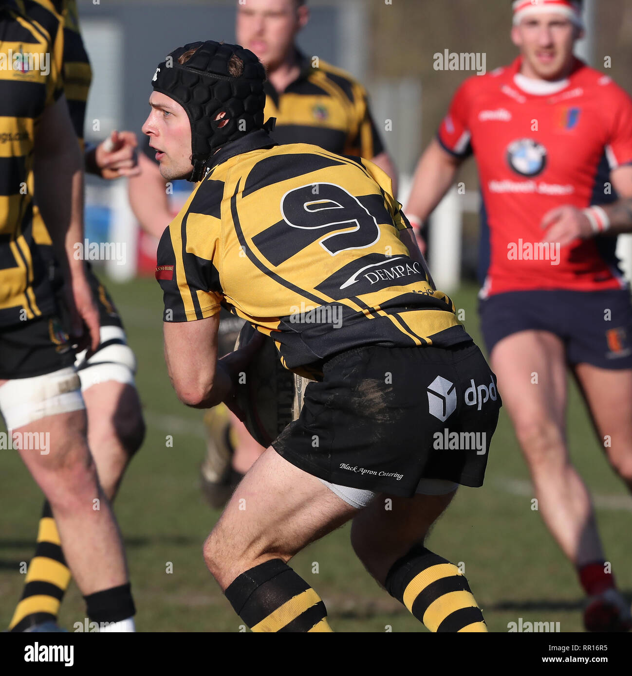23.02.2019 Hinckley, Leicester, England. Rugby Union, Hinckley rfc v Chester rfc.   Ben Pointon clears the lines for Hinckley during the RFU National  Stock Photo
