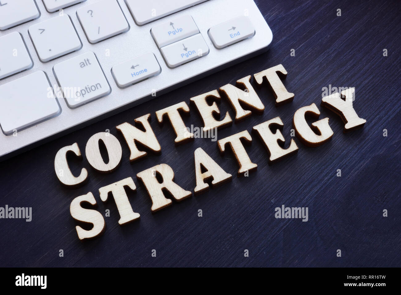 Content strategy from small letters and keyboard. SEO concept. Stock Photo