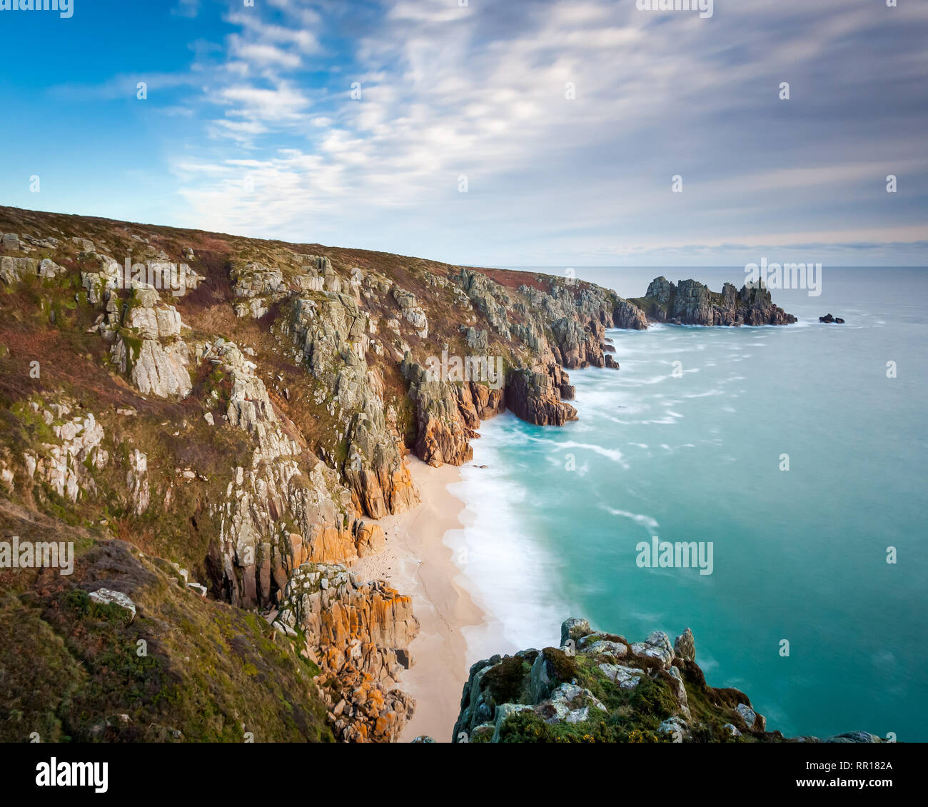 Overlooking Pedn Vounder Beach from Treen Cliffs near Porthcurno  Cornwall England UK Europe Stock Photo