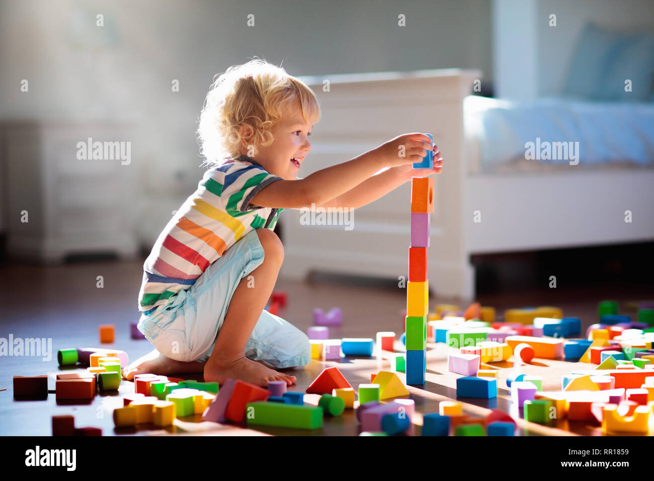 Child Playing With Colorful Toy Blocks Kids Play Little Boy Building