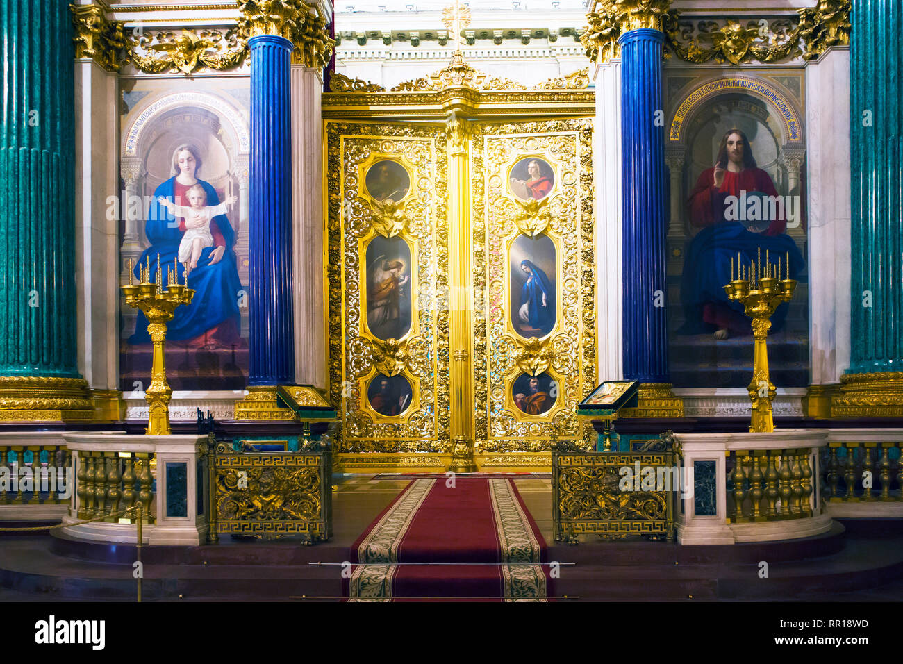 Fragment of rich decorated interior of ancient Saint Isaac's orthodox cathedral, altar entrance Stock Photo