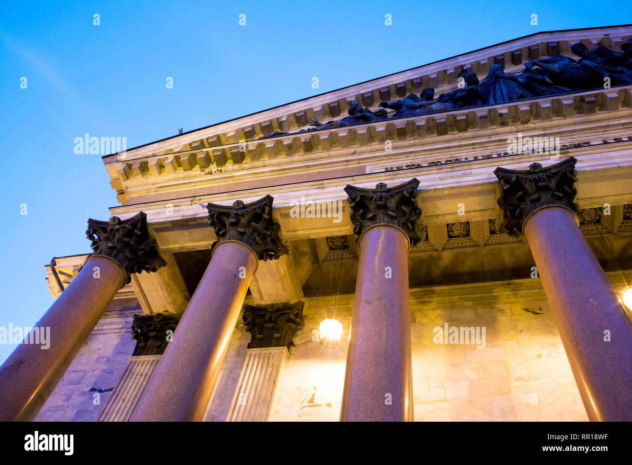 Facade fragment of ancient Saint Isaac's orthodox cathedral, massive granite columns Stock Photo