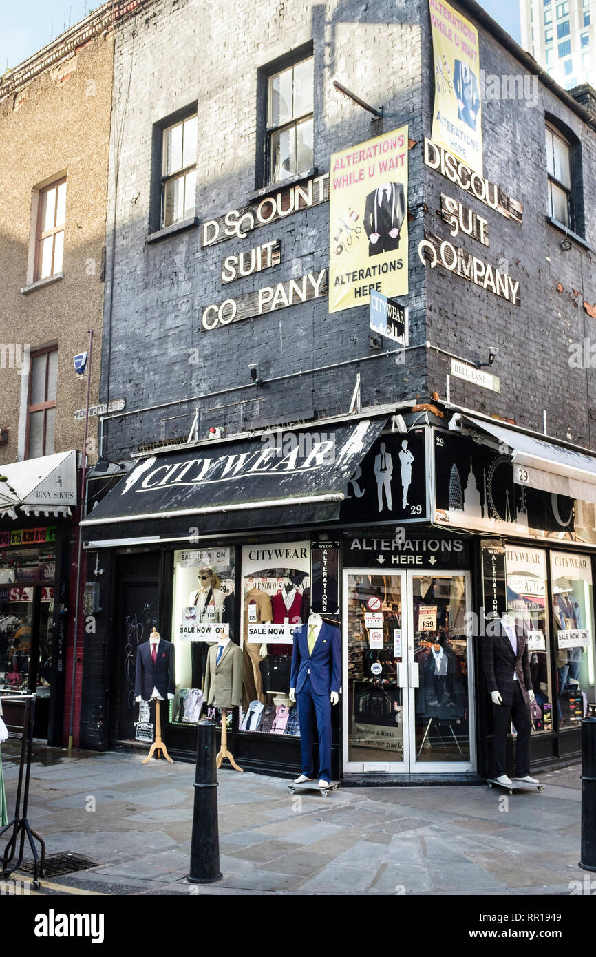 Menswear shop, Wentworth street, London E1. Stock Photo