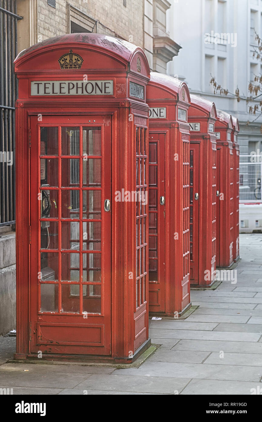 Vintage Telephone boxes in a row, London. Stock Photo