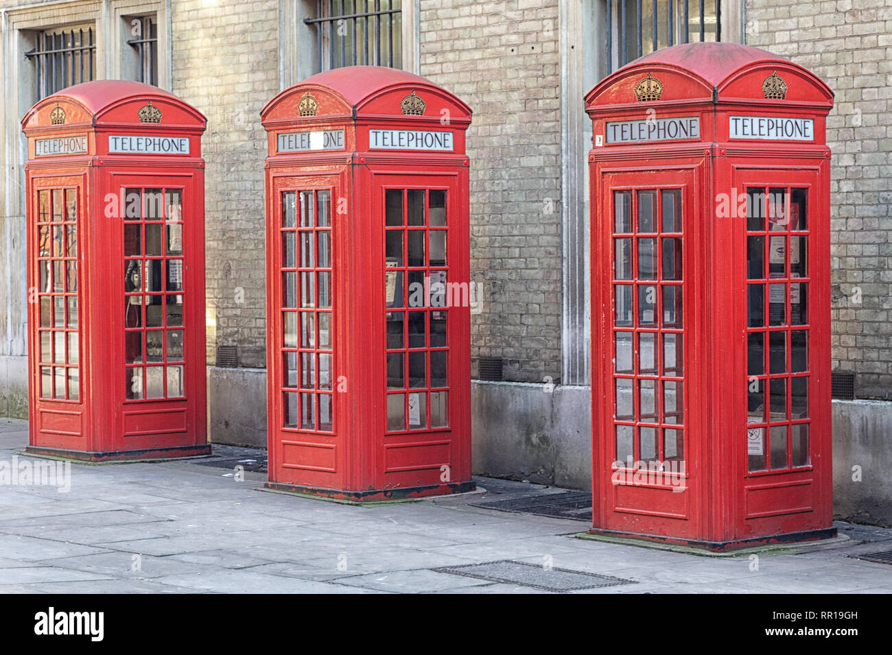 Vintage Telephone boxes in a row, London. Stock Photo