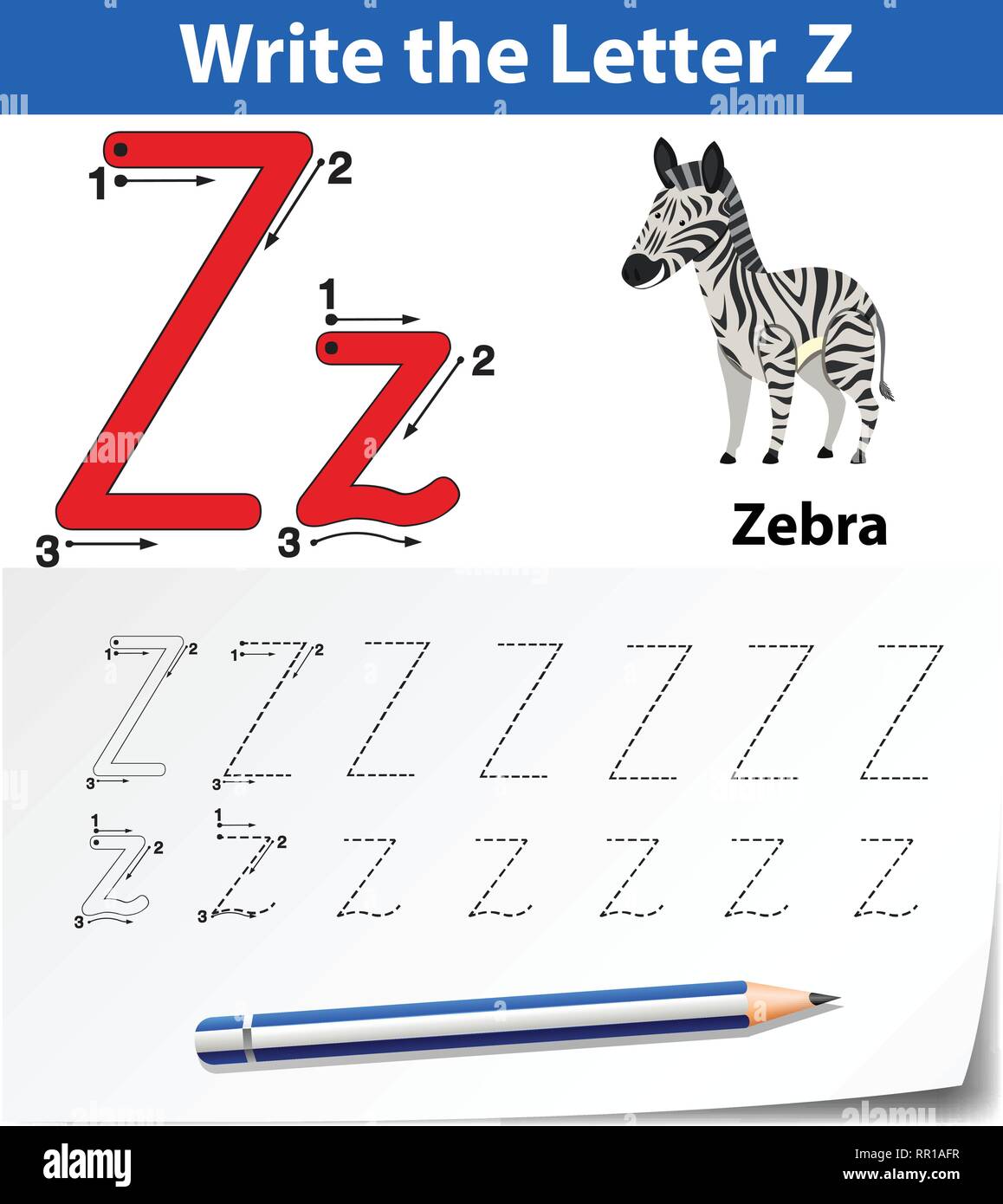 Letter Z tracing alphabet worksheets illustration Stock Vector Image ...