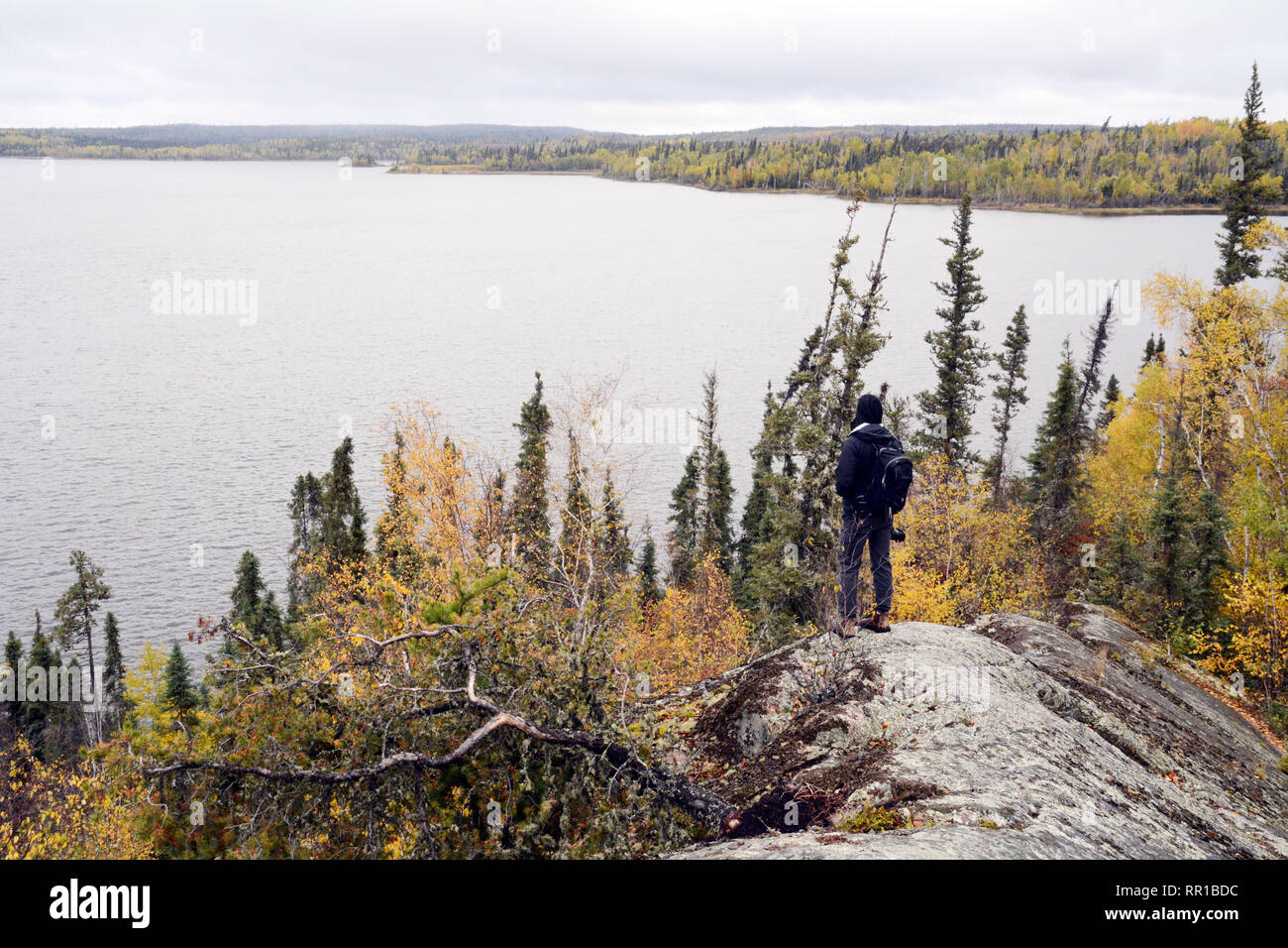 A hiker standing a rocky bluff in the Canadian Shield, above Otter Lake and the fall colours of the boreal forest in northern Saskatchewan, Canada. Stock Photo