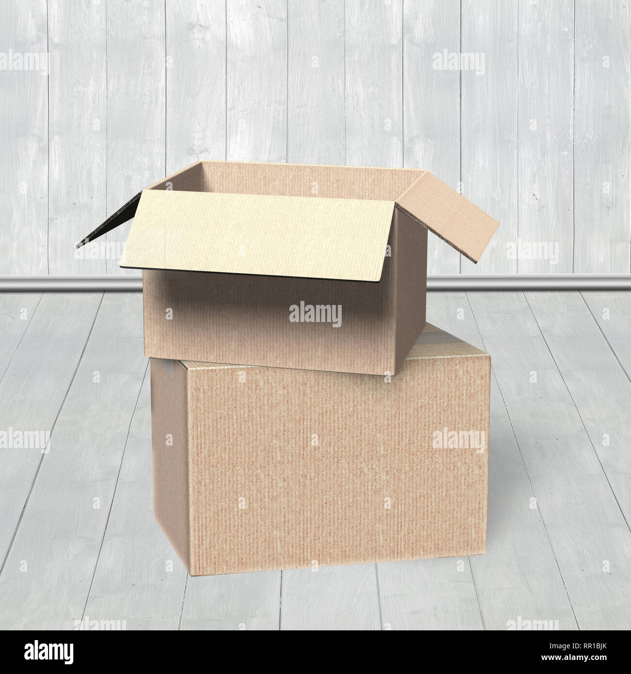 Stack of cardboard boxes, on wooden wall and floor indoors background. Stock Photo