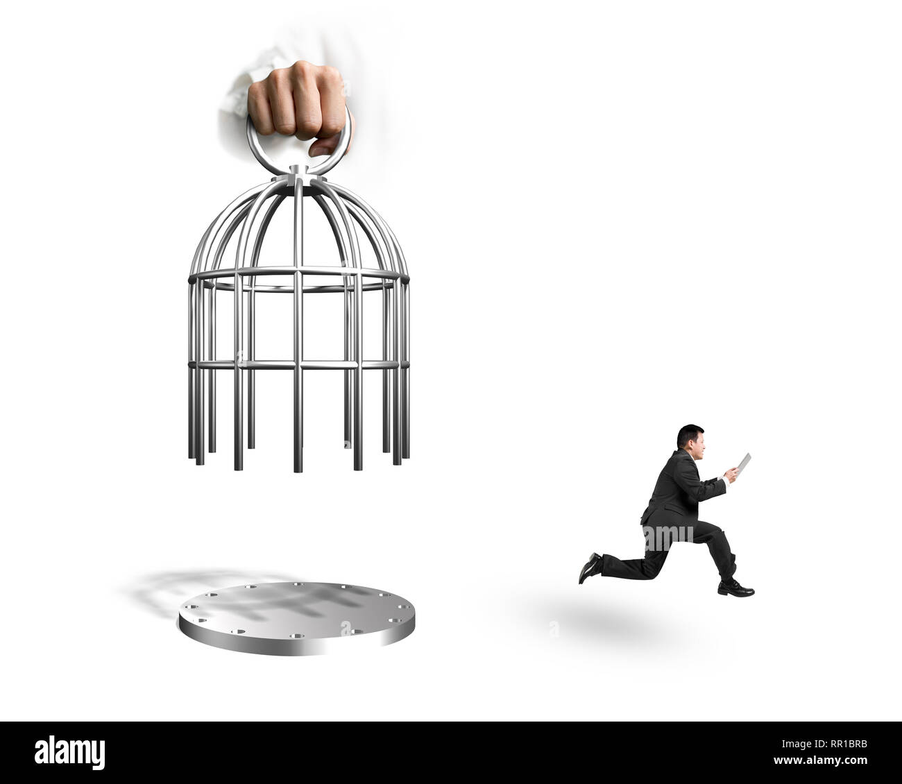 Hand opening the cage with man using tablet and running, isolated on ...