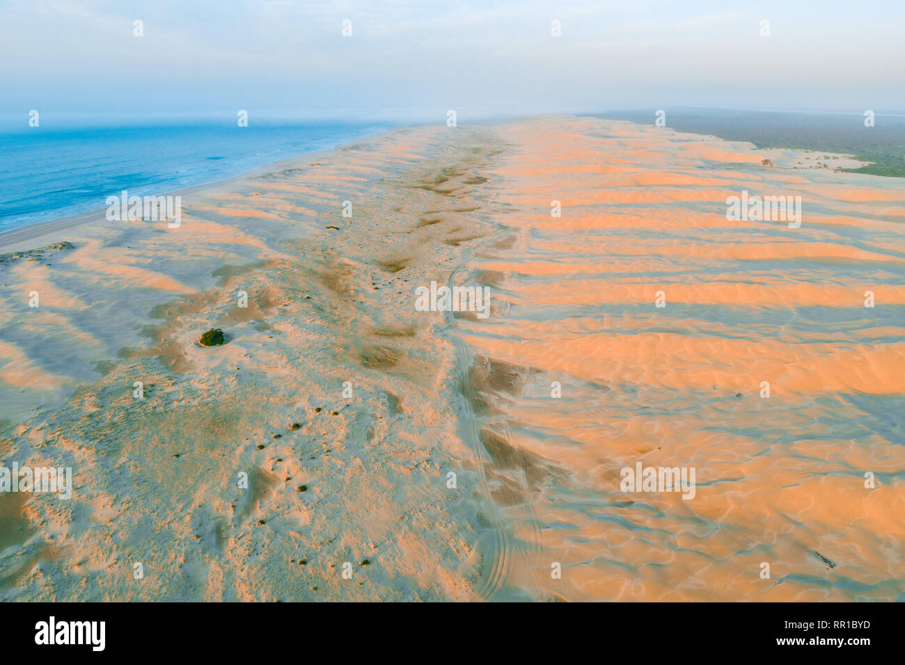 Stockton beach sand dunes at sunrise - aerial view Stock Photo