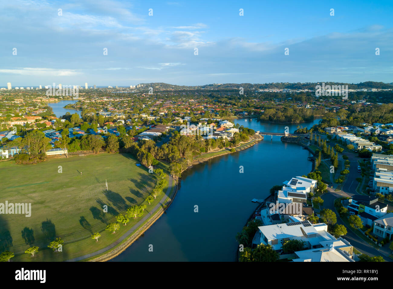 Aerial view of Reedy creek and luxury houses. Varsity Lakes, Gold Coast, Queensland, Australia Stock Photo