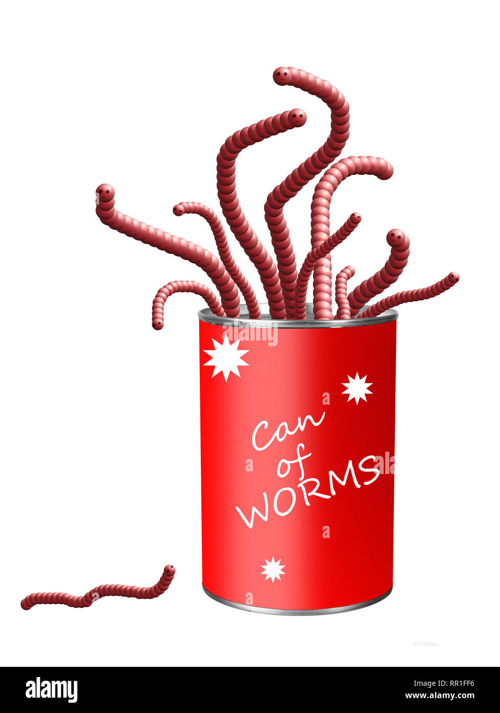Bright red can of worms isolated on white. Concept, metaphor. Bright tin, cute worms. With label. Stock Photo