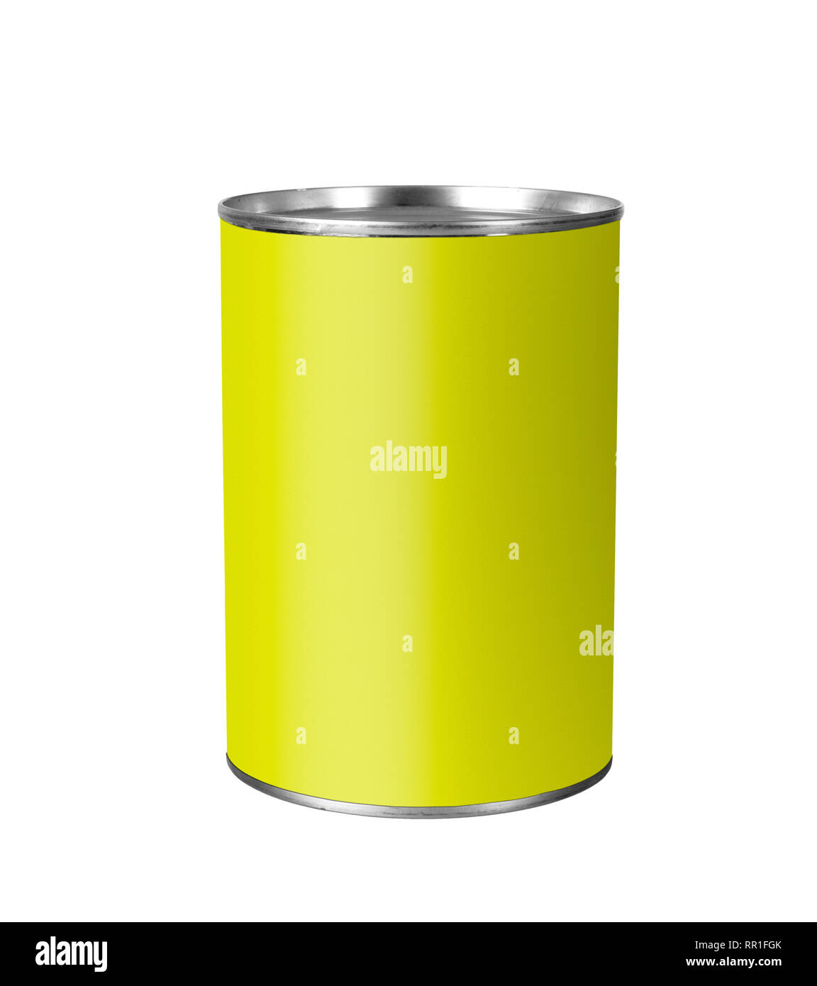 Tin can with yellow label isolated on white. Stock Photo