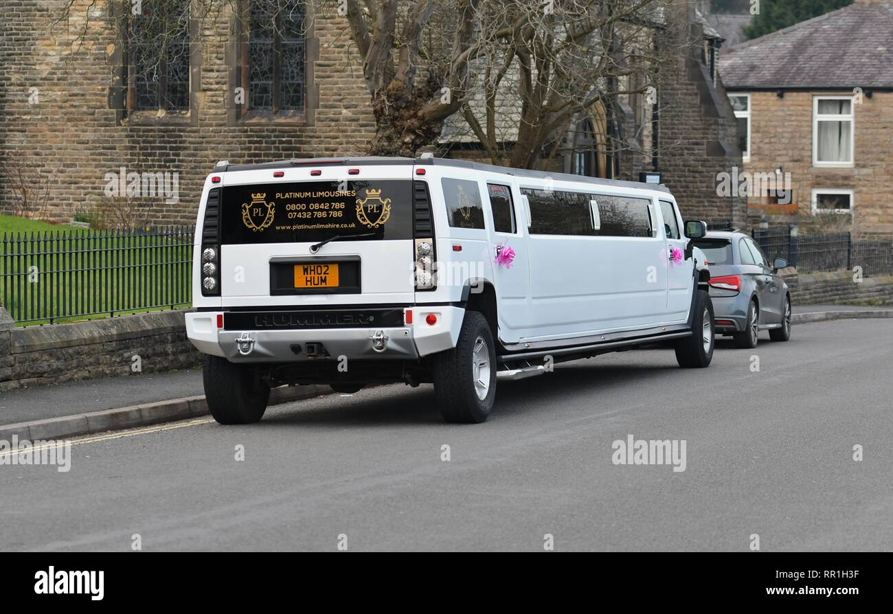 A stretched limo on Spring Bank in New Mills, Derbyshire Stock Photo