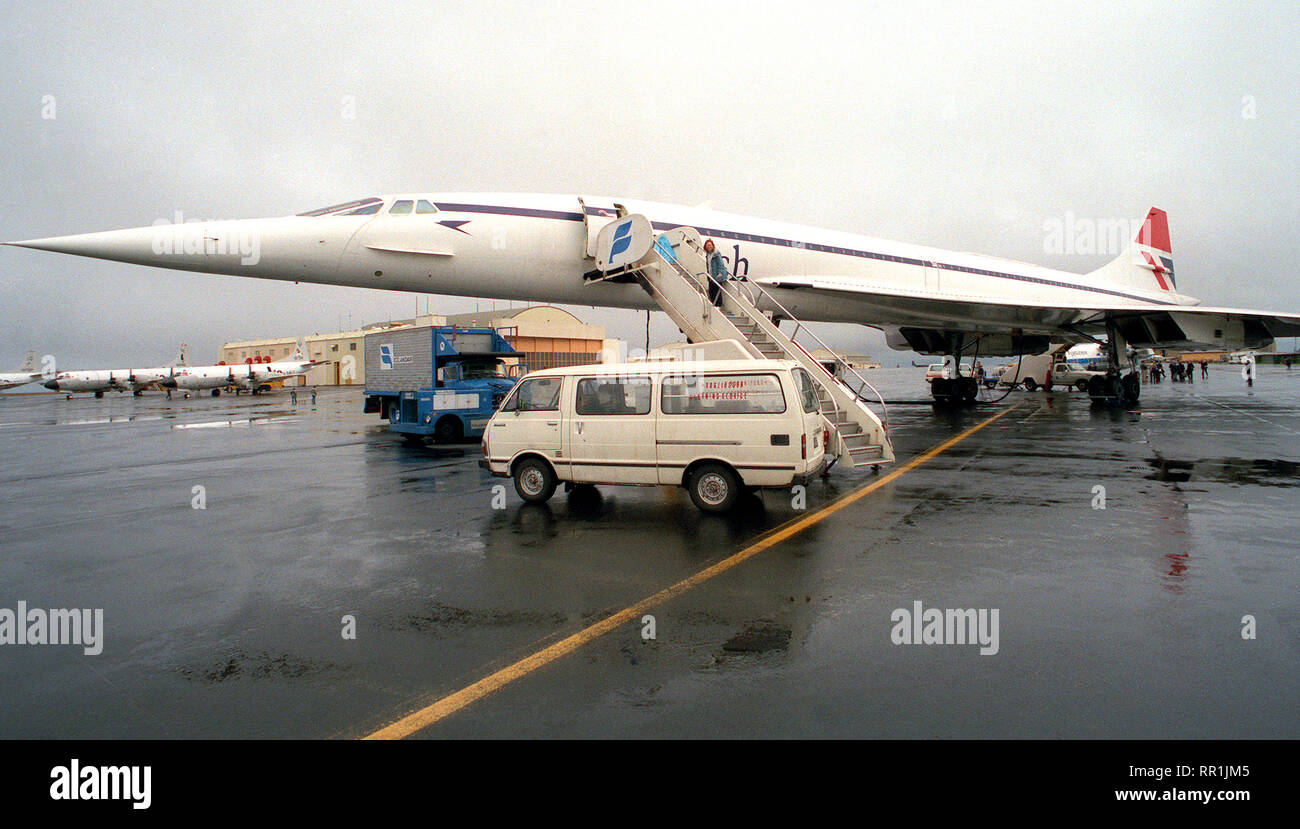 1977 - A left front view of a British Airways Concorde