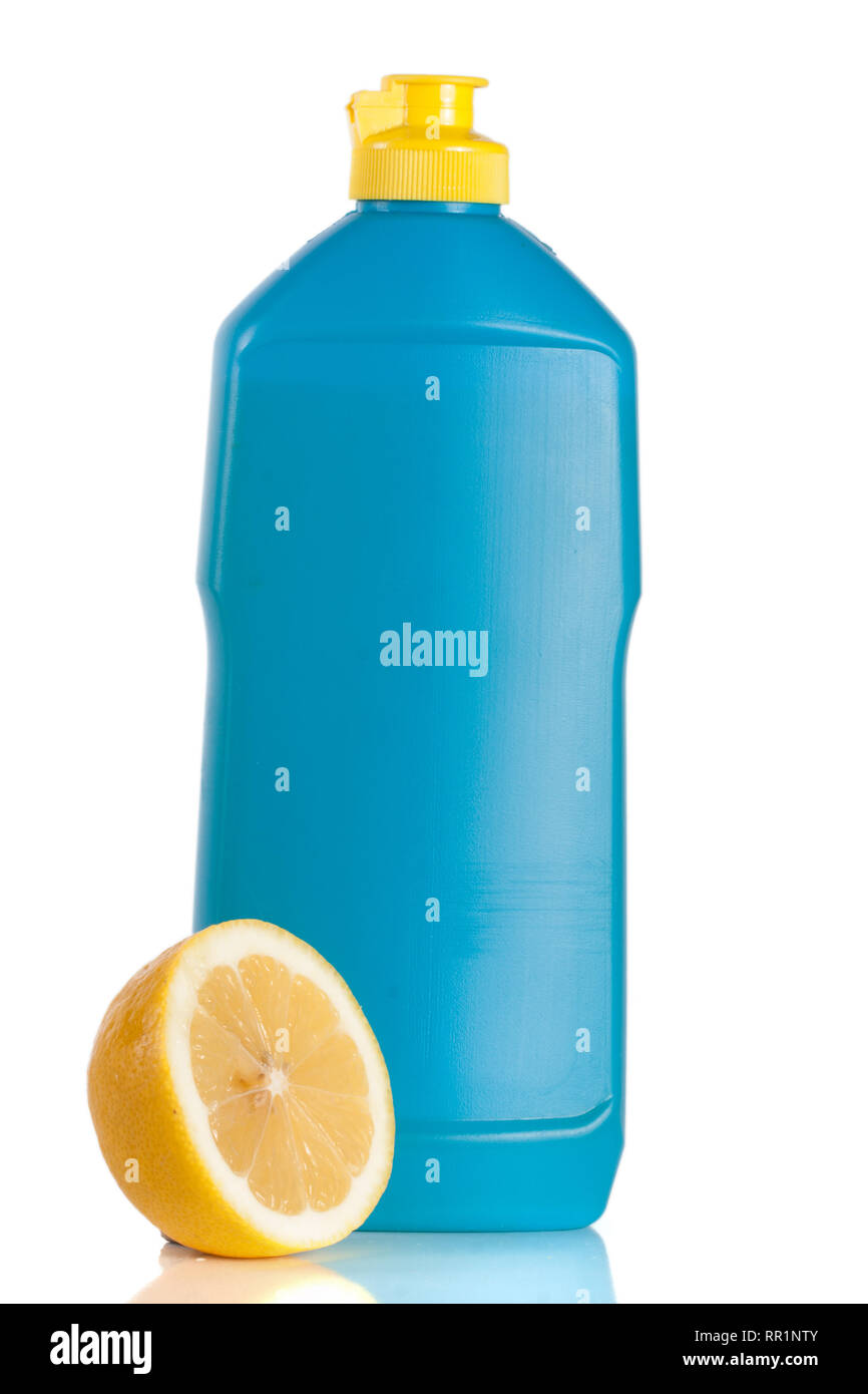 bottle of dishwashing detergent with lemon isolated on white background