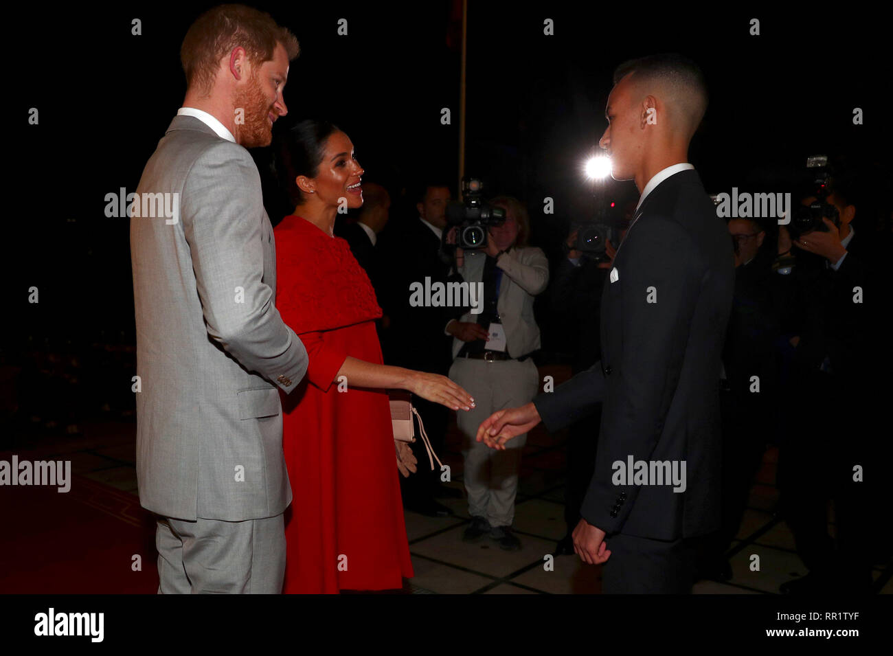 The Duke and Duchess of Sussex meet Crown Prince Moulay Hassan at a Royal Residence in Rabat as they start their tour of Morocco. Stock Photo