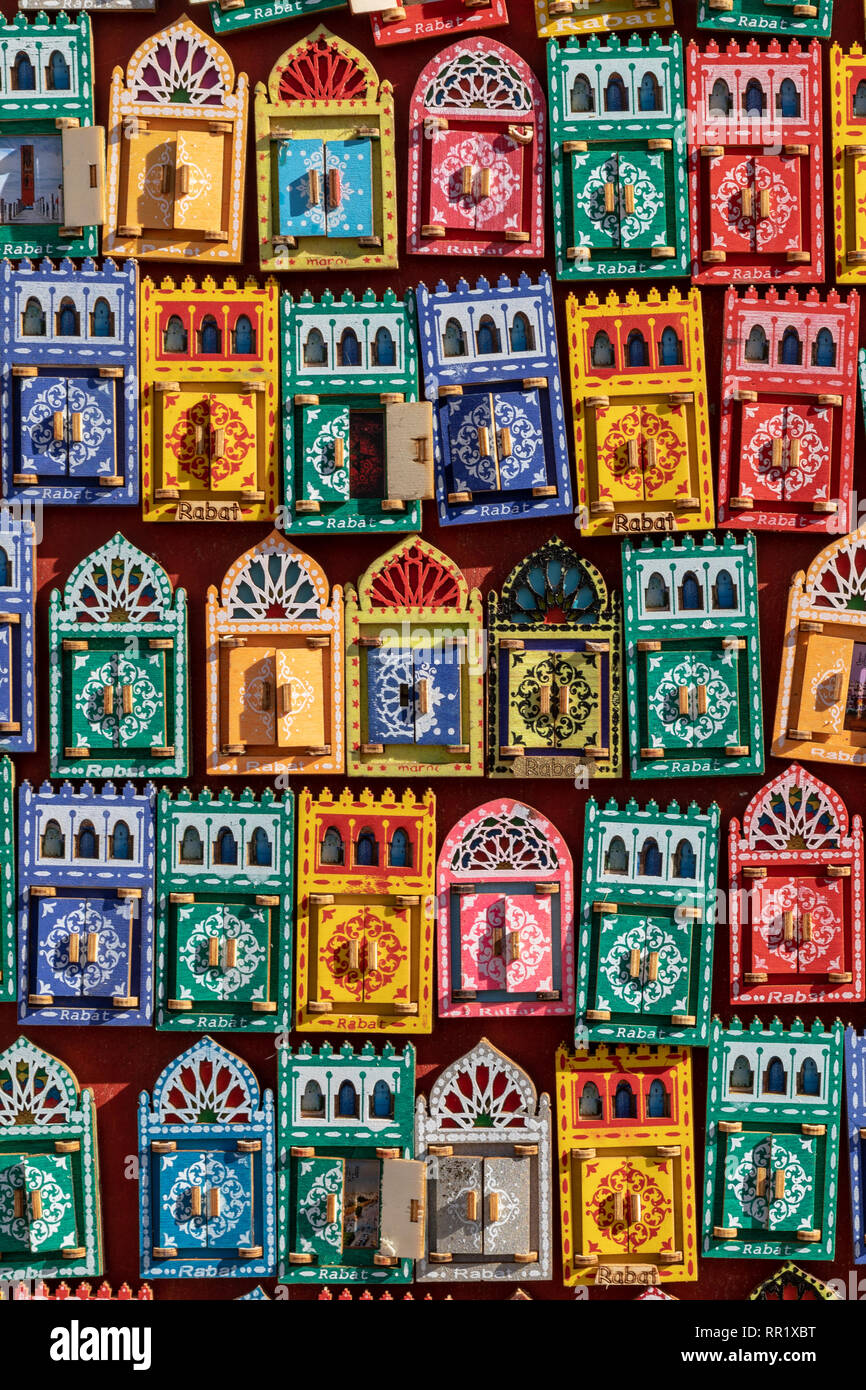 Colorful refrigerator magnet souvenirs at Kasbah, Rabat, Morocco Stock Photo