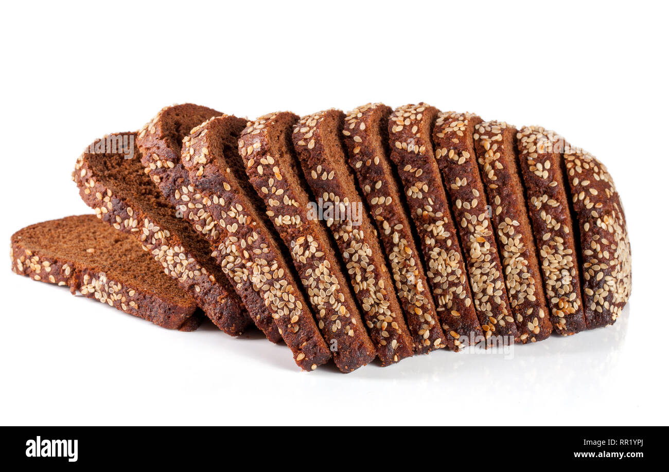 slices of black bread with sesame seeds isolated on white background ...