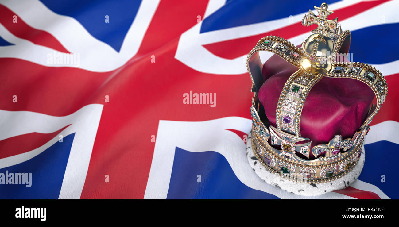 Royal golden crown with jewels on british  flag. Symbols of UK United Kingdom. 3d illustration Stock Photo
