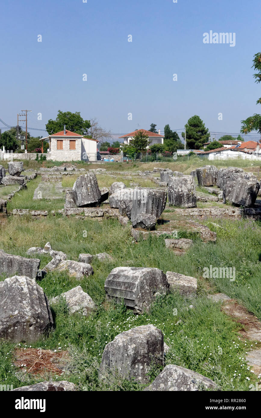 The ruins of the 4th century BC Temple of Athena Alea, Tegea, Peloponnese, Greece. Located in the ancient Arcadian city of Tegea, the all marble perip Stock Photo