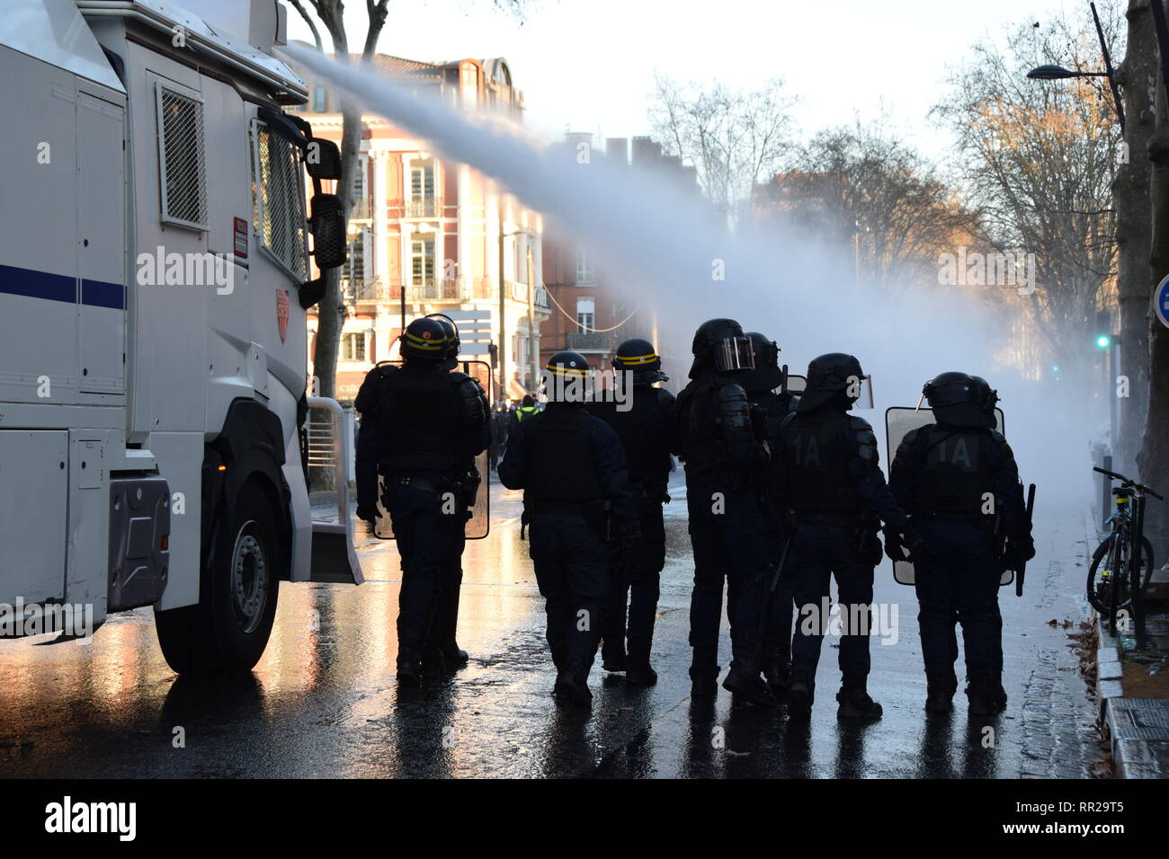 Toulouse, France. 23rd Feb, 2019. Serious clashes occured on 02/23/2019 in  the streets of Toulouse, France, between riot police units and the yellow  vest (gilets jaunes). Police largely used tear gas. Such