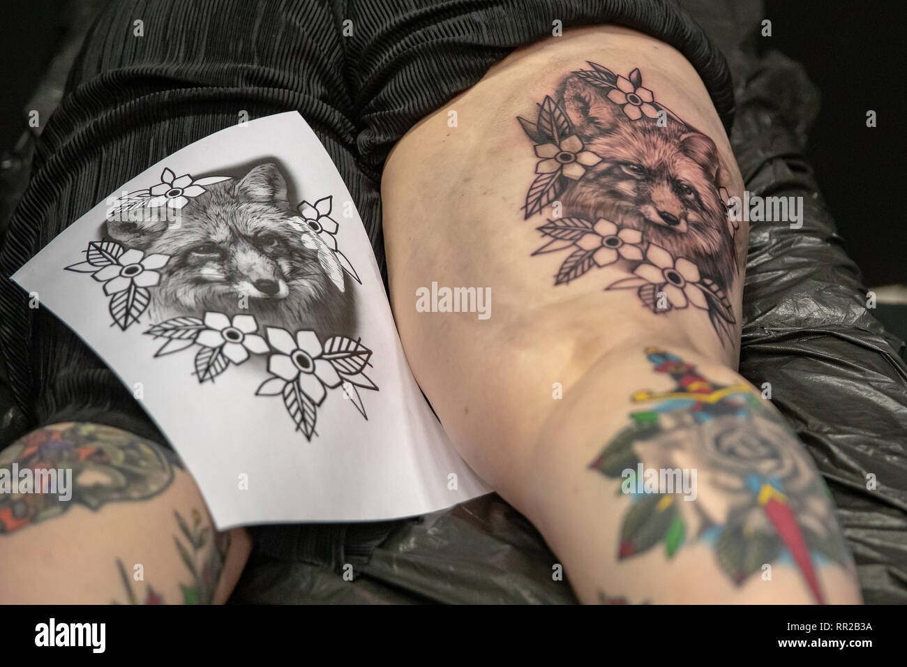 Brighton, UK. 23rd Feb, 2019. Tattoo artist works on a client at the the 12th annual Brighton Tattoo Convention at the Brighton Centre, England. Credit: Jason Richardson/Alamy Live News Stock Photo - Brighton, UK. 23rd Feb, 2019. Tattoo artist works on a client at the the 12th annual Brighton Tattoo Convention at the Brighton Centre, England. Credit: Jason Richardson/Alamy Live News Stock Photo -