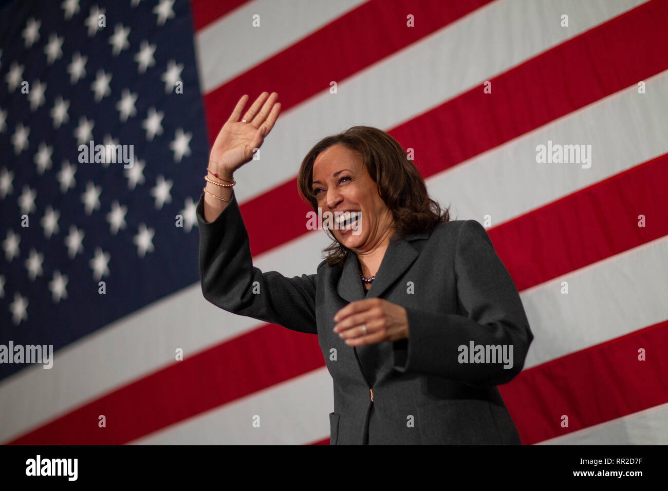 Ankeny, Iowa, USA. 23rd February, 2019. U.S. Senator Kamala Harris speaks during a town hall campaign event at the FFA Enrichment Center on the campus of the Des Moines Area Community College (DMACC) in Ankeny, Iowa, USA. Sen. Harris, a Democratic presidential candidate for the 2020 election, is campaigning in Iowa ahead of the state's first-in-the-nation caucuses. J. Alex Cooney/Alamy Live News Stock Photo