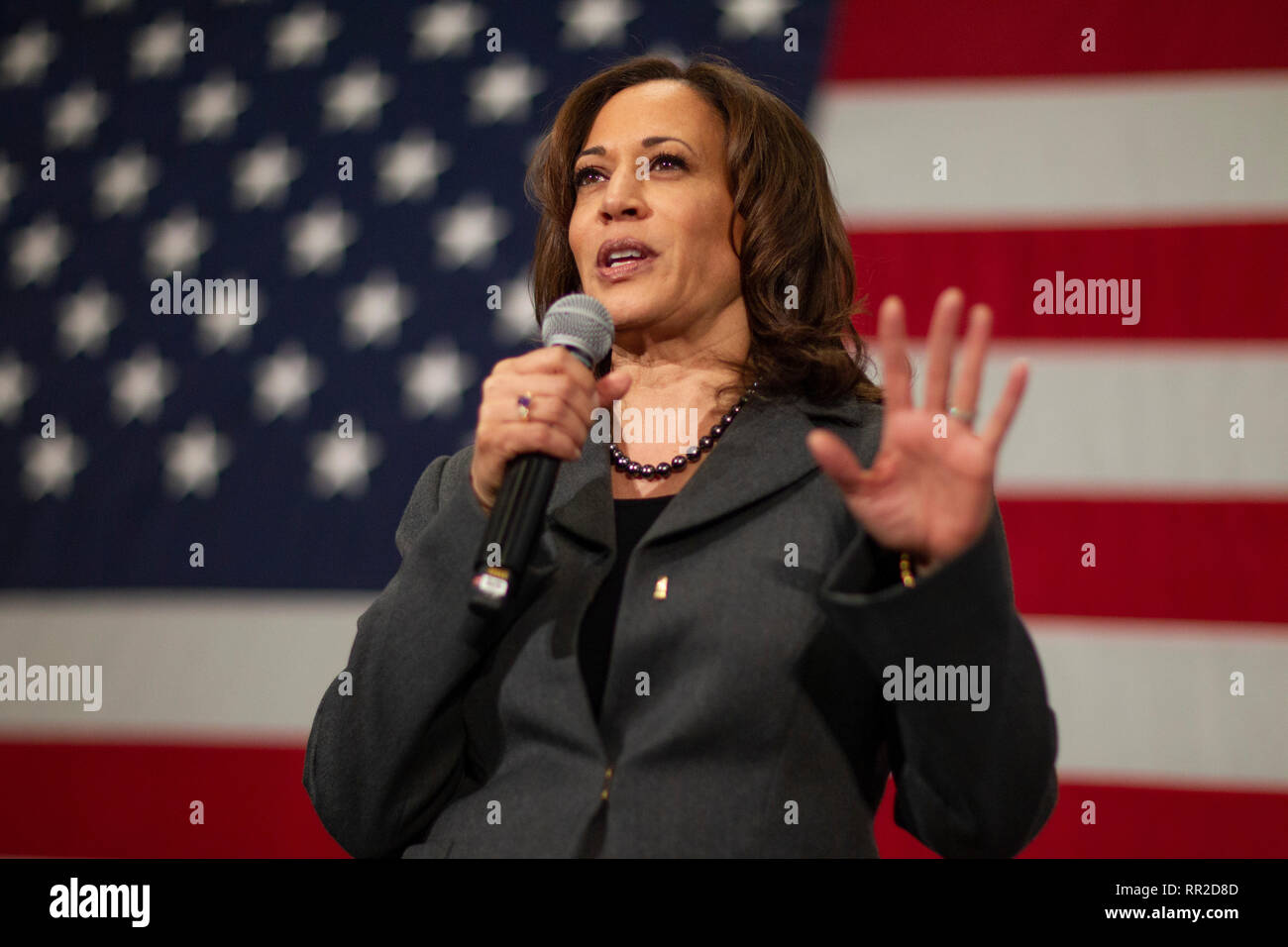 Ankeny, Iowa, USA. 23rd February, 2019. U.S. Senator Kamala Harris speaks during a town hall campaign event at the FFA Enrichment Center on the campus of the Des Moines Area Community College (DMACC) in Ankeny, Iowa, USA. Sen. Harris, a Democratic presidential candidate for the 2020 election, is campaigning in Iowa ahead of the state's first-in-the-nation caucuses. J. Alex Cooney/Alamy Live News Stock Photo