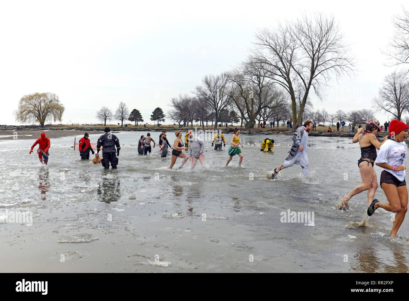 Cleveland, Ohio, USA.  23rd Feb, 2019.  Participants in the 2019 Cleveland Polar Plunge brave the ice-filled waters of Lake Erie to help raise money for the Special Olympics.  Over 400 participants took the challenge with many in costumes during this annual winter event.  Credit: Mark Kanning/Alamy Live News. Stock Photo