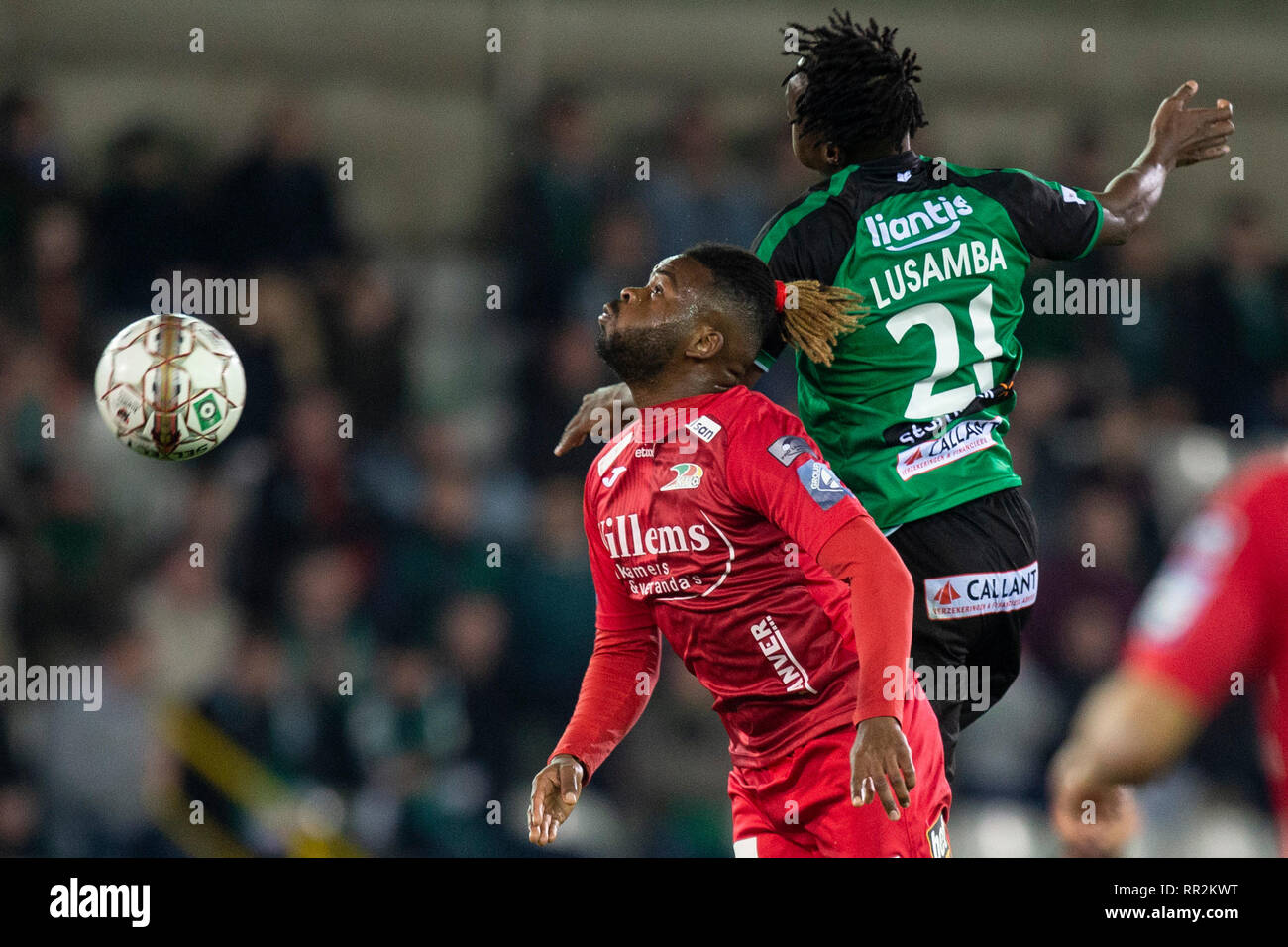 Bruges Belgium Februari 23 Aristote Nkaka Of Kv Oostende And Arnaud Lusamba Of Cercle Fight For