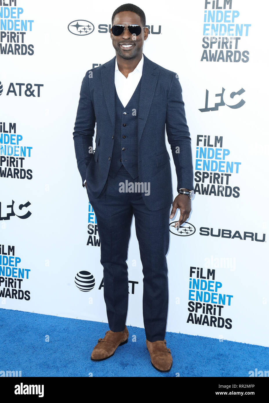 SANTA MONICA, LOS ANGELES, CA, USA - FEBRUARY 23: Actor Sterling K. Brown  wearing a Stile Latino suit, IWC watch, and Angela Mitchell shoes arrives  at the 2019 Film Independent Spirit Awards
