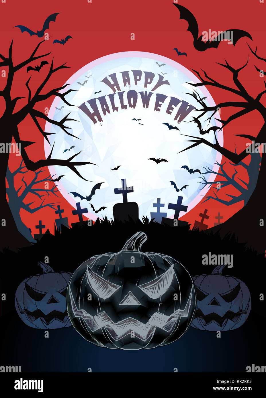 Jack o lantern glowing at foreground with wood cut drawing style in the ...