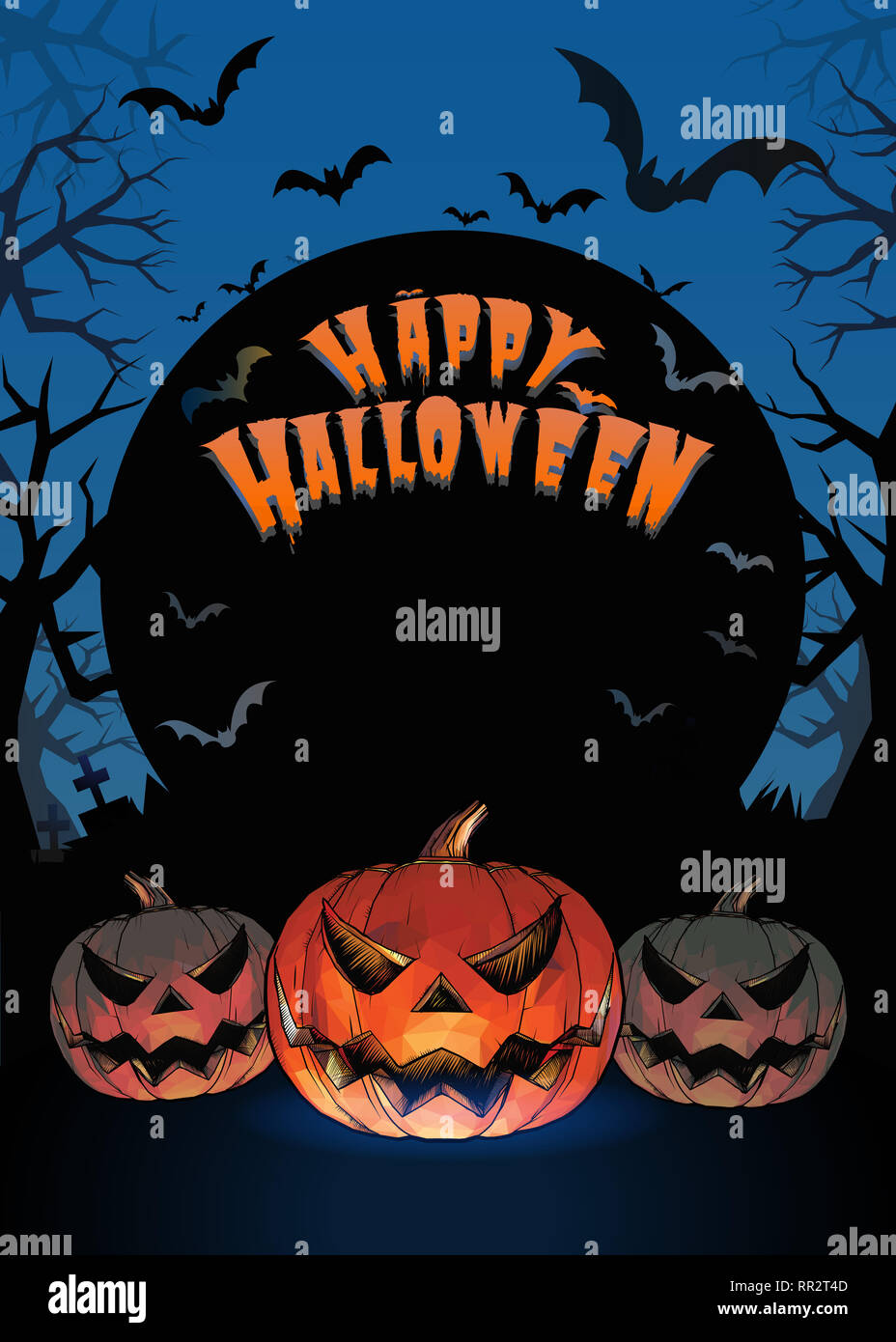 Jack o lantern glowing at foreground with cartoony style in the ...