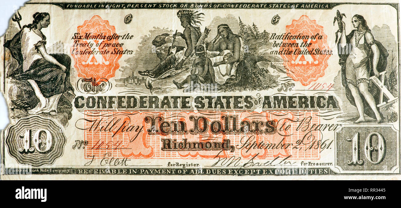 Real 1861 Confederate ten dollar counterfeit bill made by the North in the American civil war times. Stock Photo
