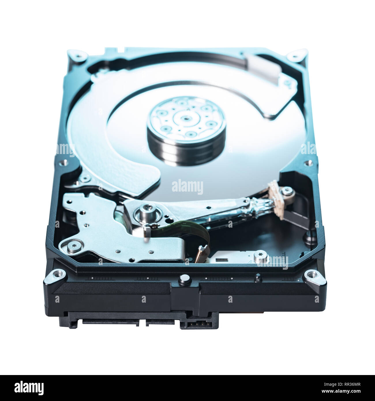 disassembled computer hard drive on white isolated background Stock Photo