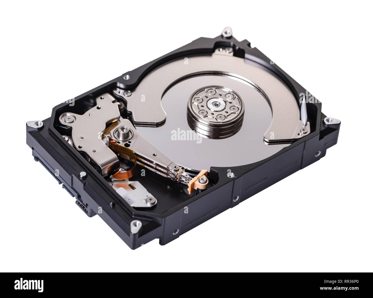 disassembled computer hard drive on white isolated background Stock Photo