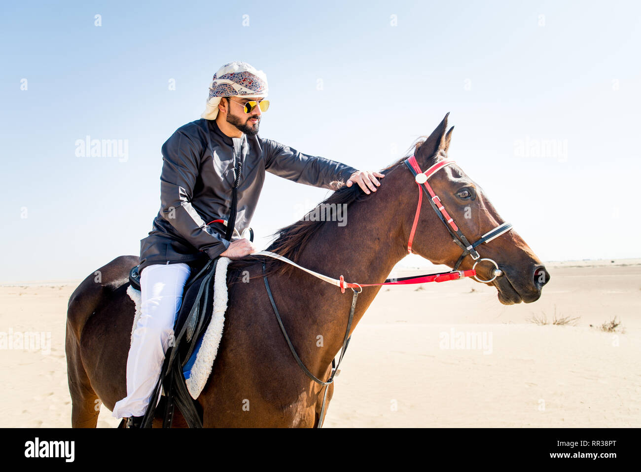 Middle eastern handsome man with typical emirates dress riding a arabic horse in the Dubai