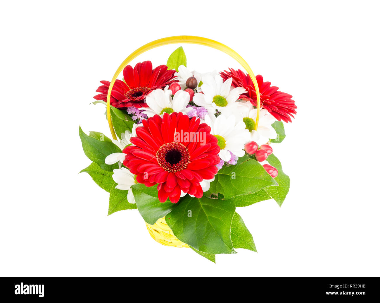 Yellow basket with beautiful flowers isolated on white background