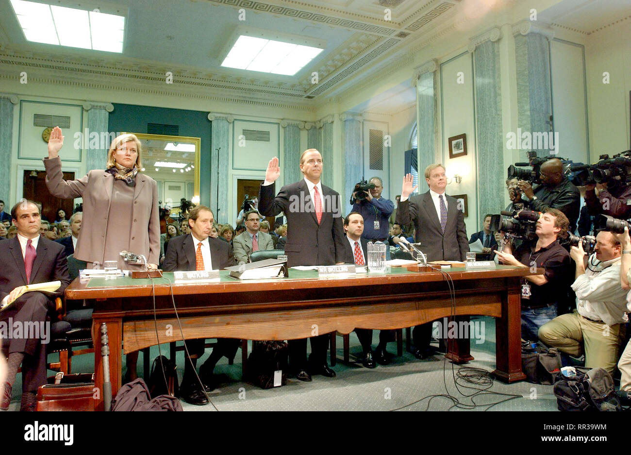 Washington, D.C. - February 26, 2002 --  Sherron Watkins, Jeffrey Skilling, and Jeffrey McMahon are sworn to testify before the United States Senate Commerce, Science and Transportation Committee to examine certain issues with respect to the collapse of Enron Corporation..Credit: Ron Sachs / CNP /MediaPunch Stock Photo
