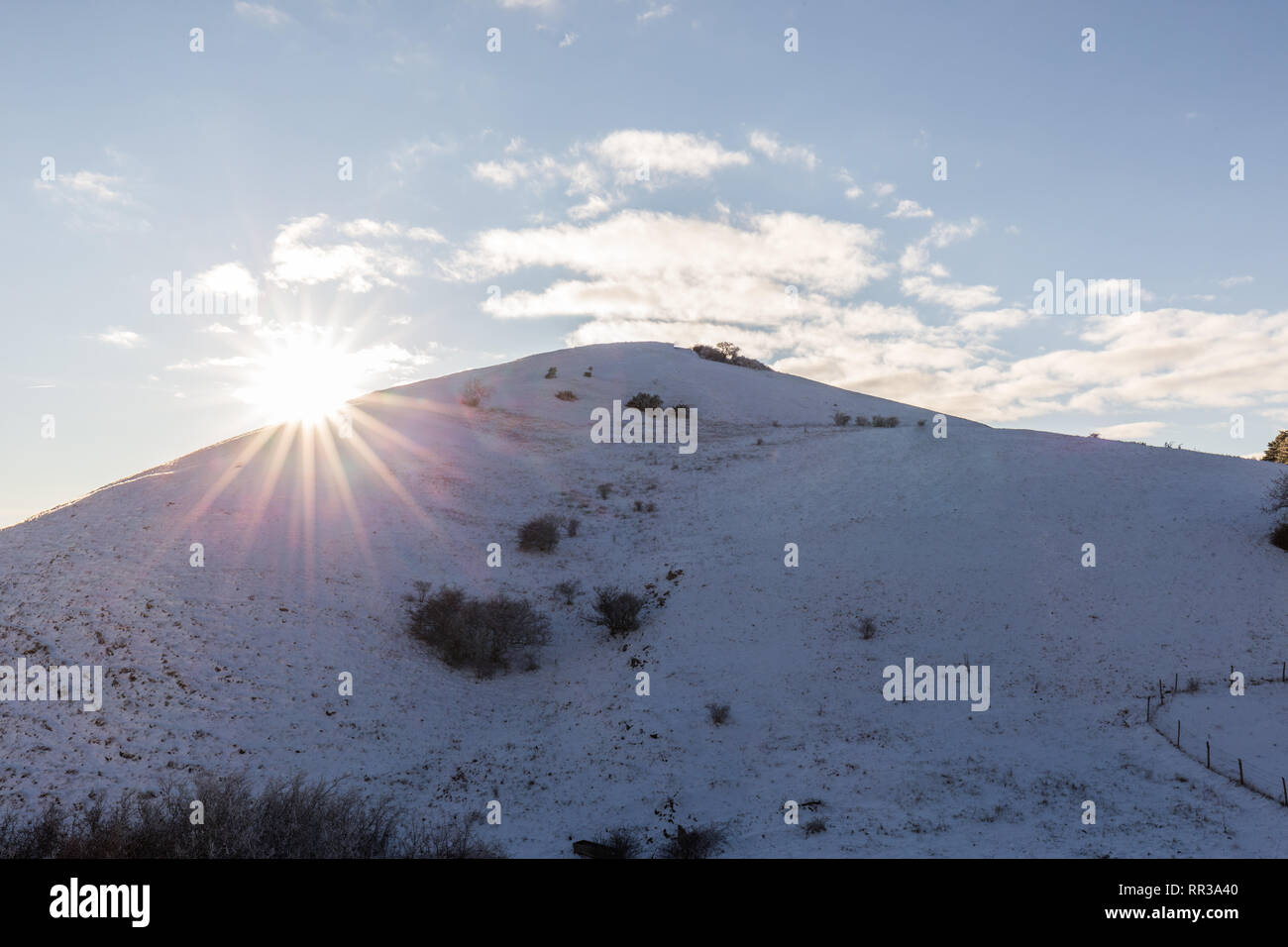 Subasio mountain (Umbria, Italy) in winter, covered by snow, with plants and sun Stock Photo