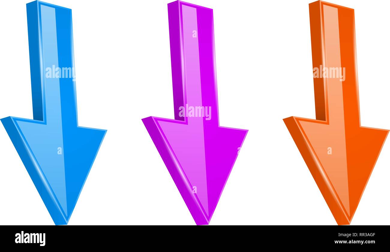 Colored arrows. Shiny 3d DOWN web icons Stock Vector