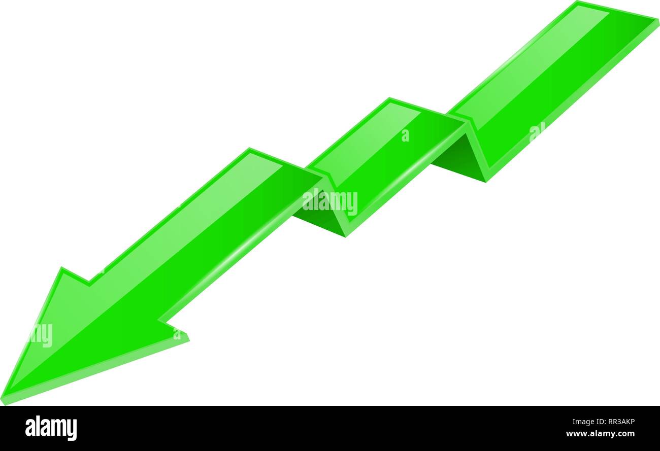 Green indication arrow. Moving down 3d financinal sign Stock Vector