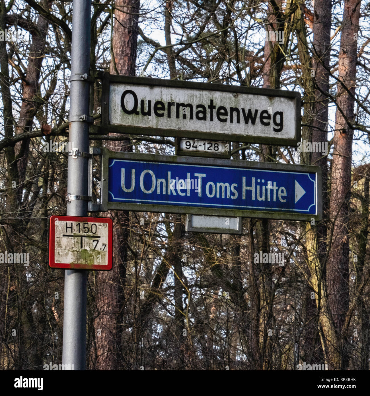 Krumme Lanke, Berlin, Germany. Quermatenweg street sign & sign to Onkel Toms Hütte u-bahn station Stock Photo