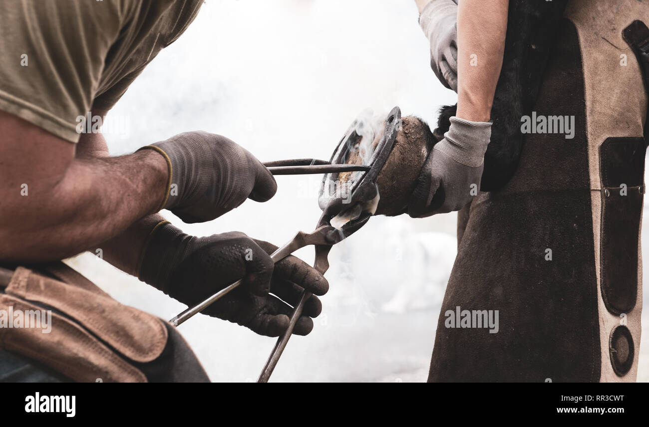 Close up of blacksmith working on horse shoe, ancient craftsmanship concept Stock Photo