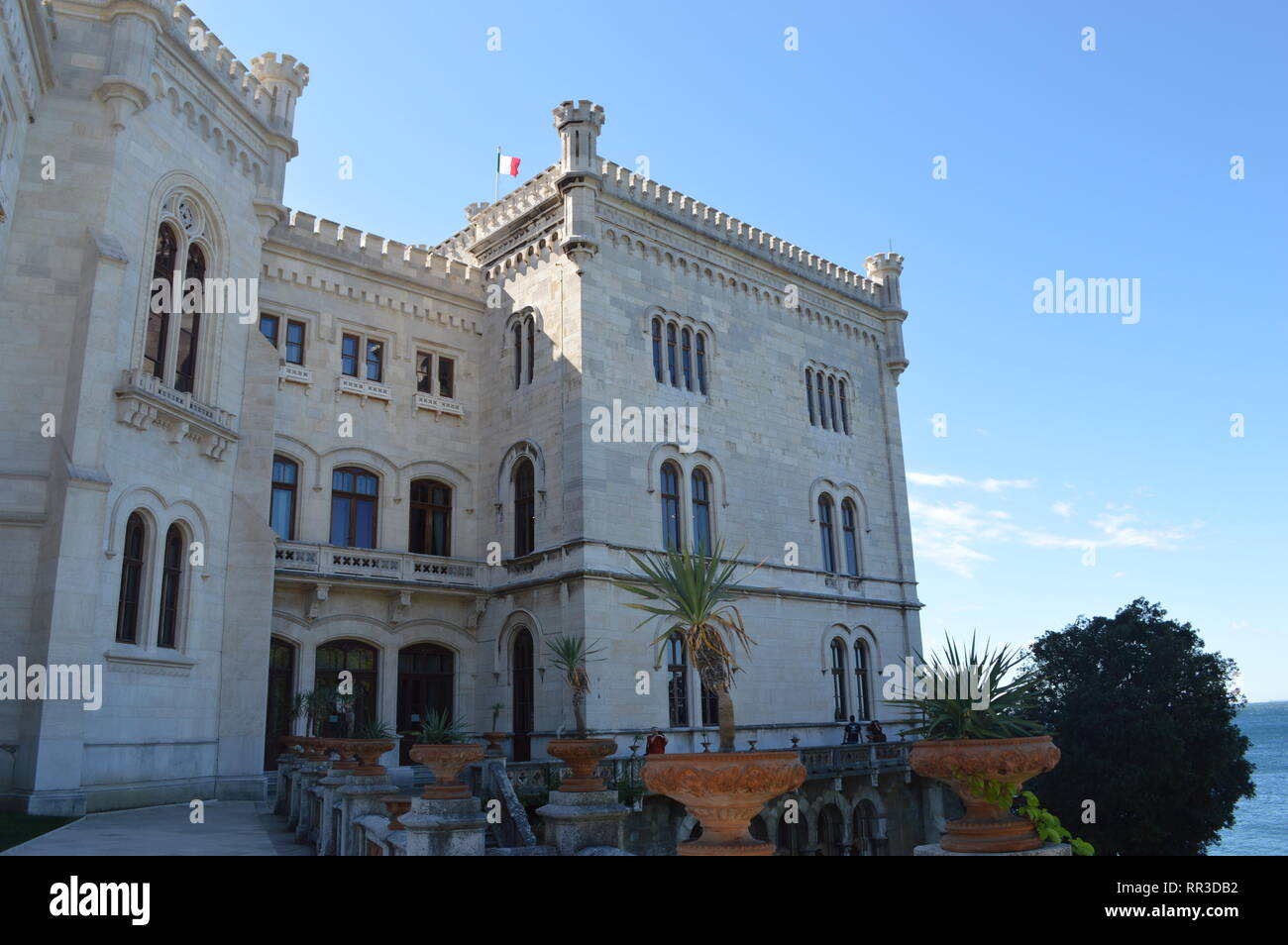 Photos of the famous Castle of Miramar in Italy, in Gulf of Trieste Stock Photo